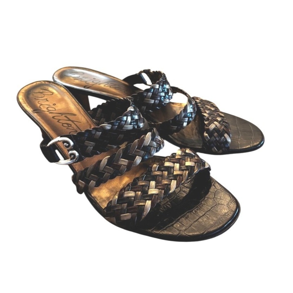 Brighton Tress Size 10 Shoe Braided Leather Heeled Sandals Black‎ Bronze Silver